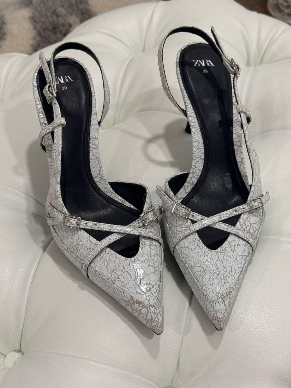Zara White Crackle Slingback Heels with Black Stiletto